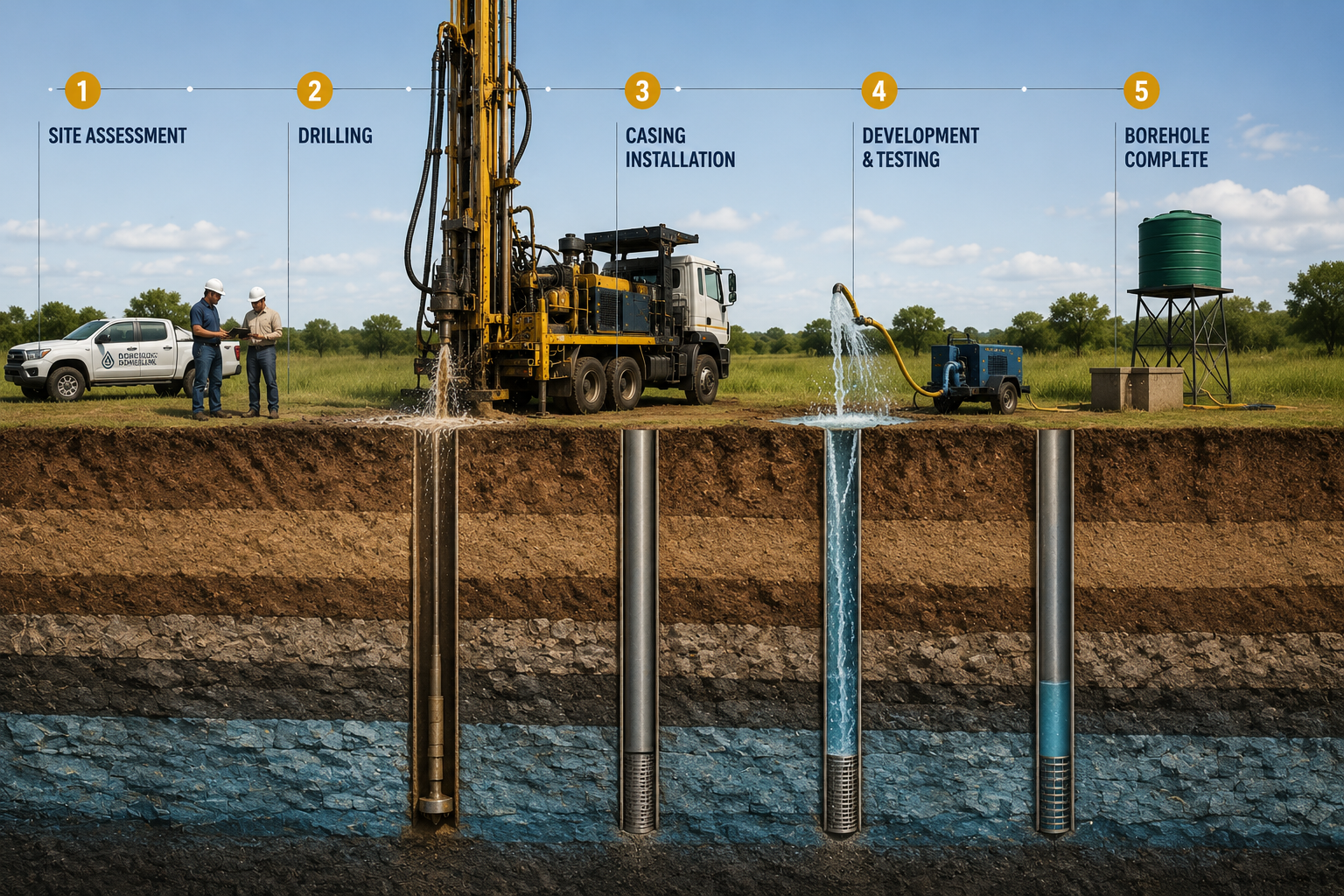 Borehole drilling rig on site during active drilling in Gauteng